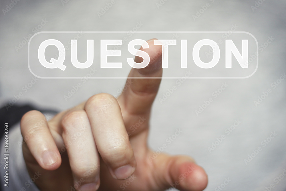 Poster businessman presses button question virtual digital electronic user interface.