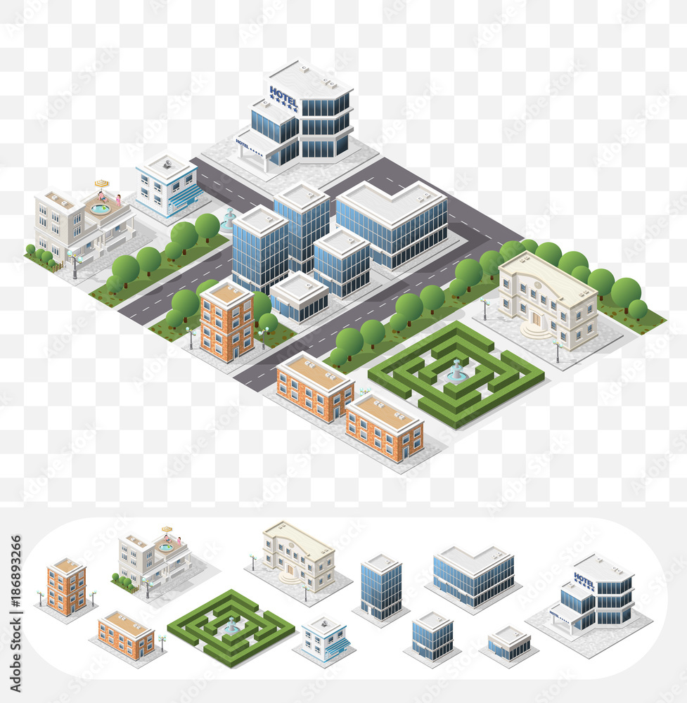 Poster set of isolated high quality isometric city elements on transparent background