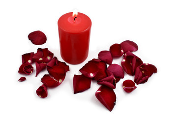 Red candle and rose stock images. Red rose with candle. Romantic roses on a white background