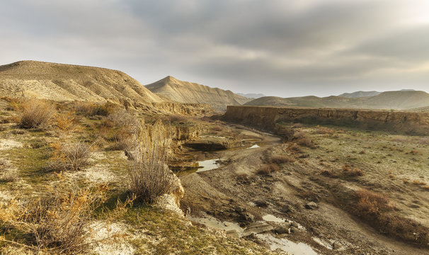 The bed of a dried-up river in the mountains
