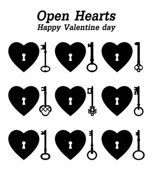 Heart key icon. Silhouette of keys and hearts. Happy Valentine day icon. Open hearts. The key to happiness. Vector illustration.