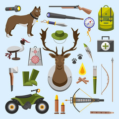 camping trip equipment collection. accessories and base camp. hike outdoor adventure elements. tourism, engraved hand drawn in old sketch, vintage style. backpack and lantern, tent and deer and gun.
