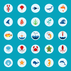 ocean or sea logo with with animals and fish, shellfish and seashells. marine icon. use for the interface in the application.