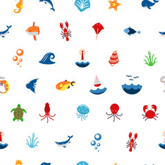 Seamless pattern ocean or sea with with animals and fish, shellfish and seashells. marine icon. use for the interface in the application.