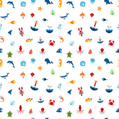 Seamless pattern ocean or sea with with animals and fish, shellfish and seashells. marine icon. use for the interface in the application.