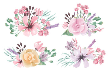 Beautiful watercolor floral, flowers, bouquet set, collection, clipart. Hand drawn roses, peony, lilac, magnolia wreath