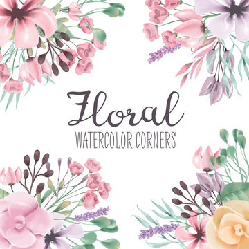 Beautiful watercolor flowers, floral corners, frame, border, bouquet