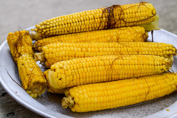 Boiled corn on an aluminum tray. Yellow boiled young corn, useful and tasty food.