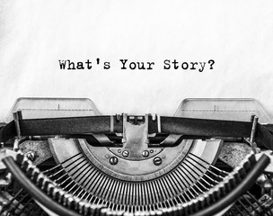What's Your Story? question printed on an old typewriter. - obrazy, fototapety, plakaty