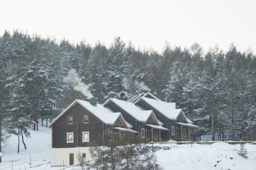 A fabulous winter cottage in the mountains against the backdrop of a pine forest