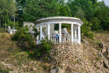 Open gazebo on the shore of the island Khortitsa