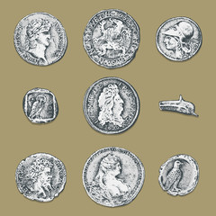set ancient coins or money. roman and greek cash reward. engraved hand drawn in old sketch, vintage style.