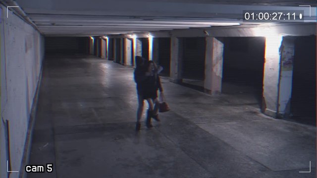 robbing a girl talking on the phone in an underpass. Recording from a surveillance camera