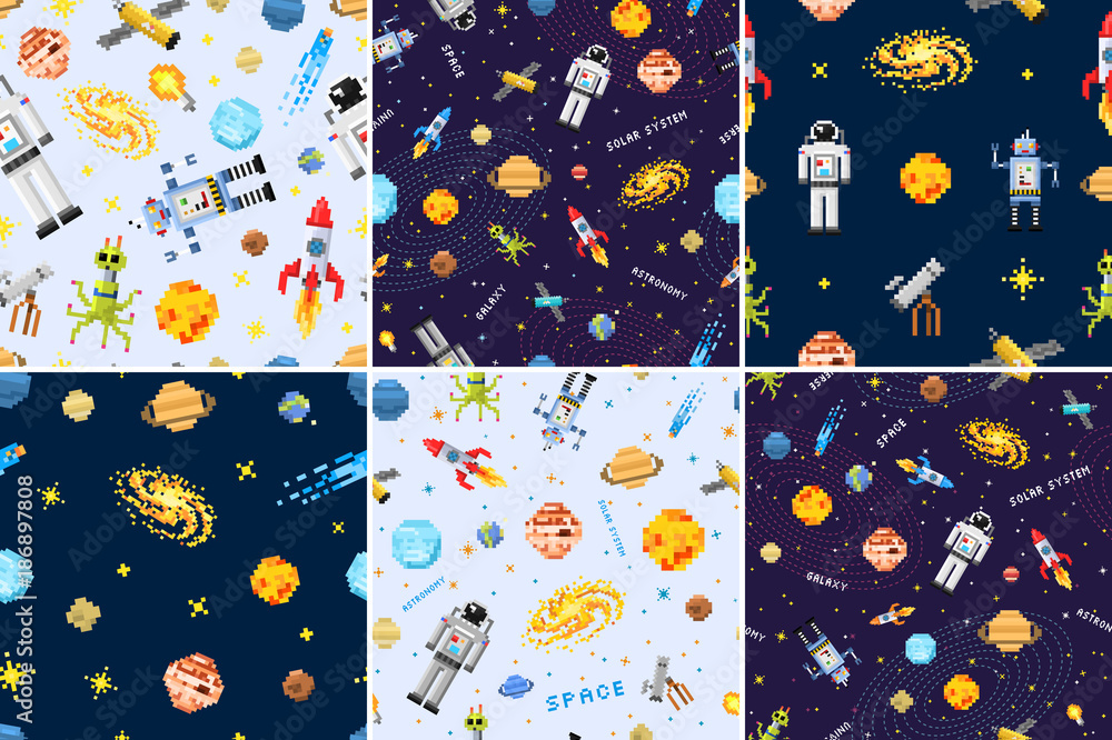 Poster space seamless pattern set background, alien spaceman, robot rocket and satellite cubes solar system