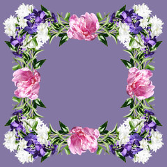 Flower frame with peonies and orchids vanda 