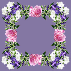 Flower frame with peonies and orchids vanda 