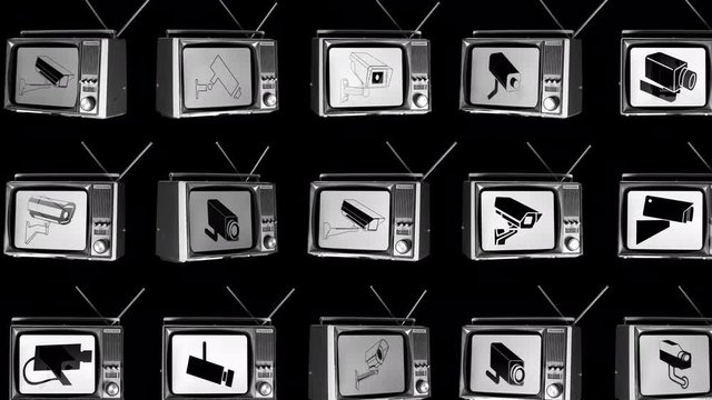 multiple surveillance televisions rotating in space with sequence of cctv camera on the screens