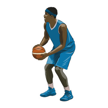 Basketball player holding ball and preparing for free thows, colorful isolated vector illustration