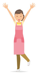 A female home helper wearing an apron is lifting both hands