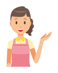 The female home helper wearing an apron is guiding