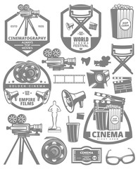 Set of cinema labels. Elements for design on the cinema theme. Collection of cinema symbols. Movies black white emblems set with reel chair clapper megaphone award projector and inscriptions.