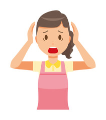 A female home helper in an apron is in a hurry