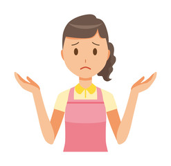 A female home helper wearing an apron is shrugging his shoulders