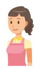 A female home helper wearing an apron is standing obliquely