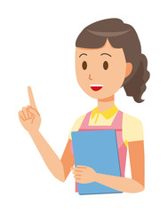 A female home helper wearing an apron points with a file