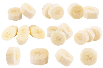Set of freshly slices bananas isolated on white