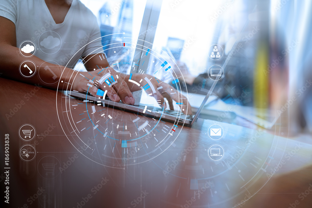 Poster Hands of businessman using mobile phone in modern office with laptop and digital tablet computer in team meeting with VR icon diagram