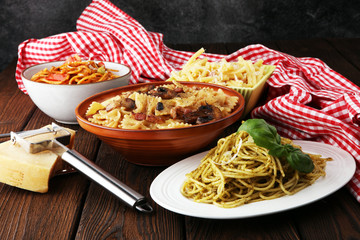 Italian pasta selection with pesto, carbonara, tomato spaghetti fresh vegetables cuisine