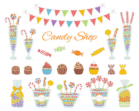Vector illustration of candy shop, hand drawn doodle style.