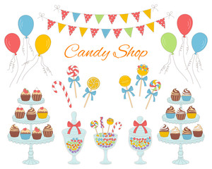 Vector illustration of candy shop, hand drawn doodle style.