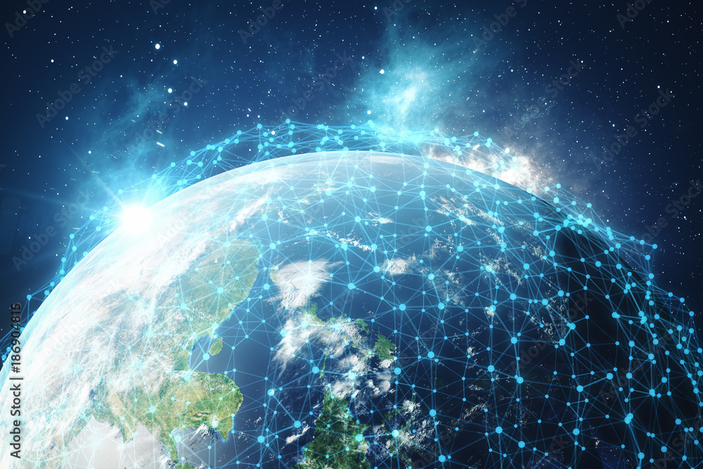 Poster 3d rendering global network background. connection lines with dots around earth globe. global intern