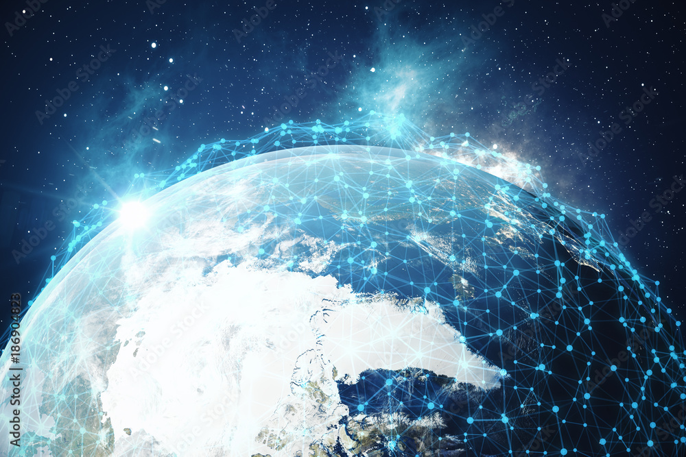 Poster 3d rendering network and data exchange over planet earth in space. connection lines around earth glo