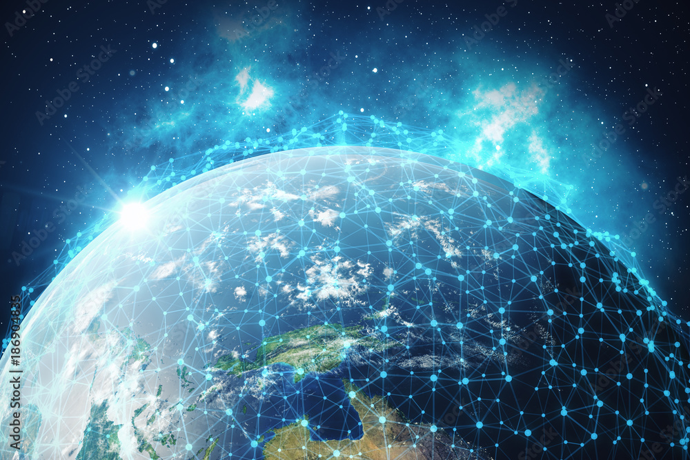 Poster 3d rendering global network and data exchange. connection lines around earth globe. global internati