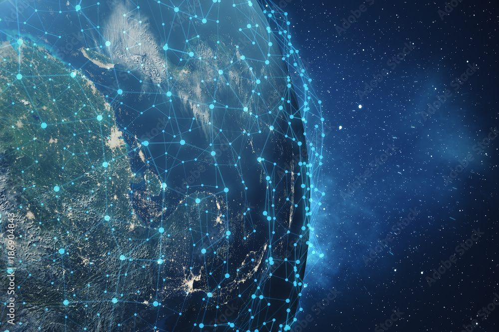 Poster 3d rendering global network background. connection lines with dots around earth globe. global intern
