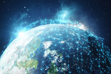3D Rendering Global Network Background. Connection Lines with Dots Around Earth Globe. Global International Connectivity. Earth from Space With Stars and Nebula, Elements of this image furnished by
