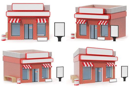 Set Store with copy space board isolated on white background. Modern shop buildings, store facades. Exterior market. Exterior facade store building, 3D rendering