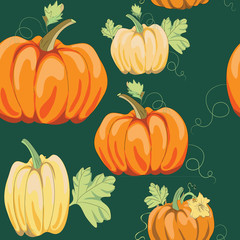 collection of pumpkins on green background, seamless pattern, vector illustration