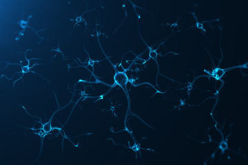 Conceptual illustration of neuron cells with glowing link knots. Synapse and Neuron cells sending electrical chemical signals. Neuron of Interconnected neurons with electrical pulses, 3D rendering
