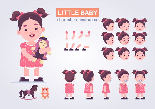Happy little kid girl character with various views, face emotions, poses . Baby with toys: doll, teddy bear, horse.  Front, side, back view animated character