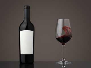 Wine bottle with wineglass. Red wine wave in a glass
