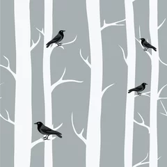 Fototapete Birken Winterbäume mit schwarzen Krähen. Nahtloses Muster. Vektorillustration auf grauem Hintergrund