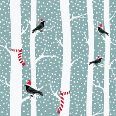 Black crows with christmas hats on the winter trees with christmas scarfs. Snowing. Seamless pattern. Vector illustration on grey background