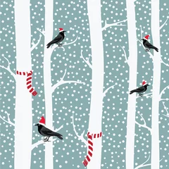 Fototapete Birken Schwarze Krähen mit Weihnachtsmützen auf den Winterbäumen mit Weihnachtsschals. Es schneit. Nahtloses Muster. Vektorillustration auf grauem Hintergrund
