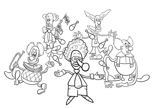 clowns cartoon characters group coloring book