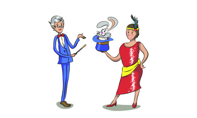 Magician and his assistant girl standing with smiling faces. Moustached man in suit with red cape and top hat. Curly-haired woman in colorful short dress. Circus performance. Flat vector illustration.