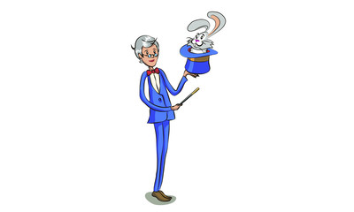 Magician and his assistant girl standing with smiling faces. Moustached man in suit with red cape and top hat. Curly-haired woman in colorful short dress. Circus performance. Flat vector illustration.